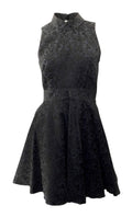 Topshop black high neck fit & flare dress with cut away sleeves embossed fabric