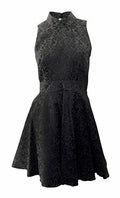 Topshop black high neck fit & flare dress with cut away sleeves embossed fabric