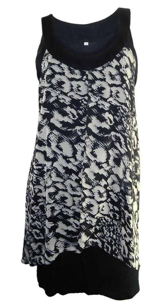 Wallis Black Stretchy Sleeveless Dress with Printed Chiffon Over Dress Size 8