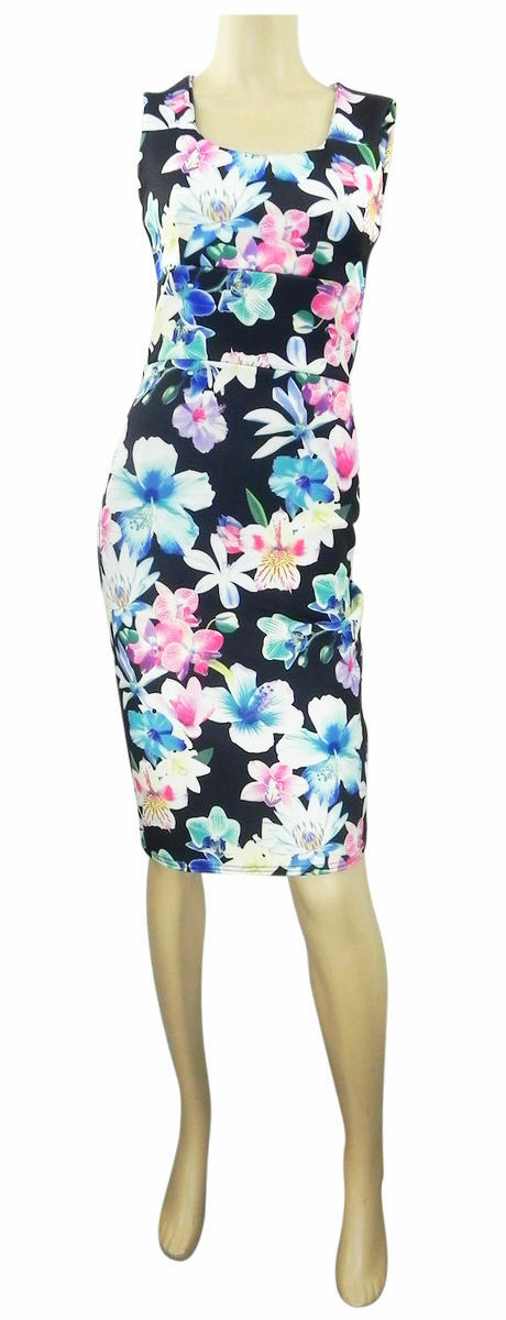 New Look Colourful Flower Print on Black Scuba Fabric Fitted Dress