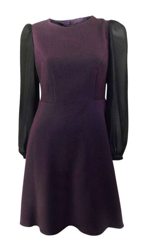 Debenhams dark burgundy fit & flare dress with long black chiffon sleeves