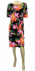 Ex Highstreet Bright Floral Black Lined Shift Dress with Rouched Side & Short Sl
