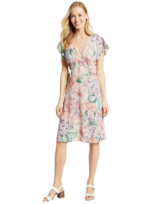 Marks & Spencer Collection Pink Floral Crepe Empire Dress with Short Sleeves Ori