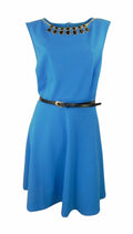 New Look Inspire Mid Blue Waffle Belted Skater Dress with Black Necklace Plus Si
