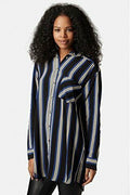 Topshop Blue & Black Striped Grandad Shirt Tunic with Long Sleeves