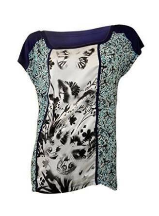 Steps navy/ivory long line top with silky butterfly print panel and drop hem