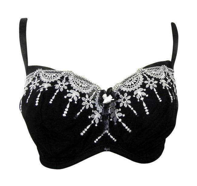 Simply Yours Black Underwired & Padded Bra with White Lace & Embroidery Trim 34D