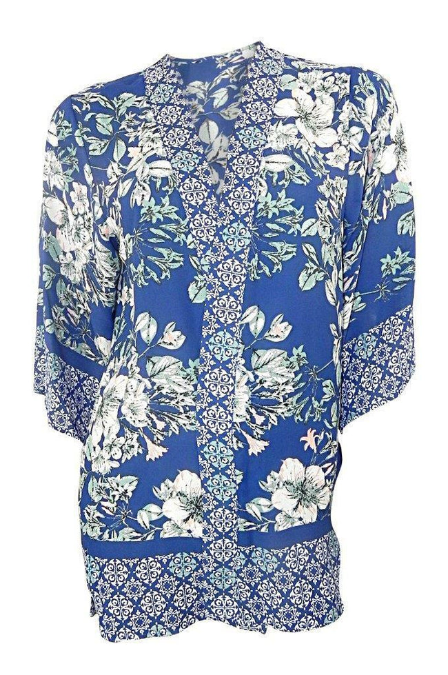 Marks & Spencer Oriental Patterned Mid Blue Kimono 3/4 length Sleeves Size 8