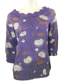 White Stuff Purple Print Top with Lace Trimmed Neckline & 3/4 length Sleeves