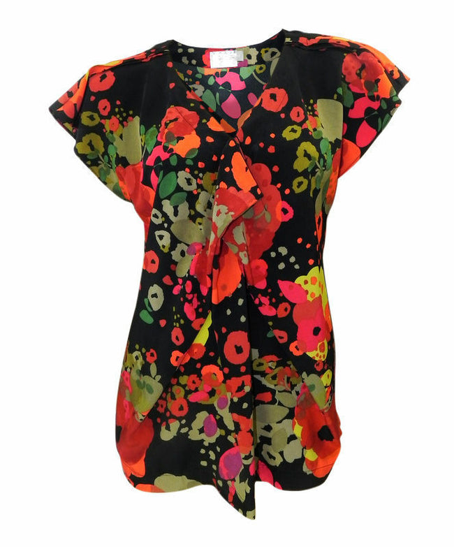 Marks & Spencer Bright Floral & Black Cap Sleeved Blouse with Pleated Detail 12
