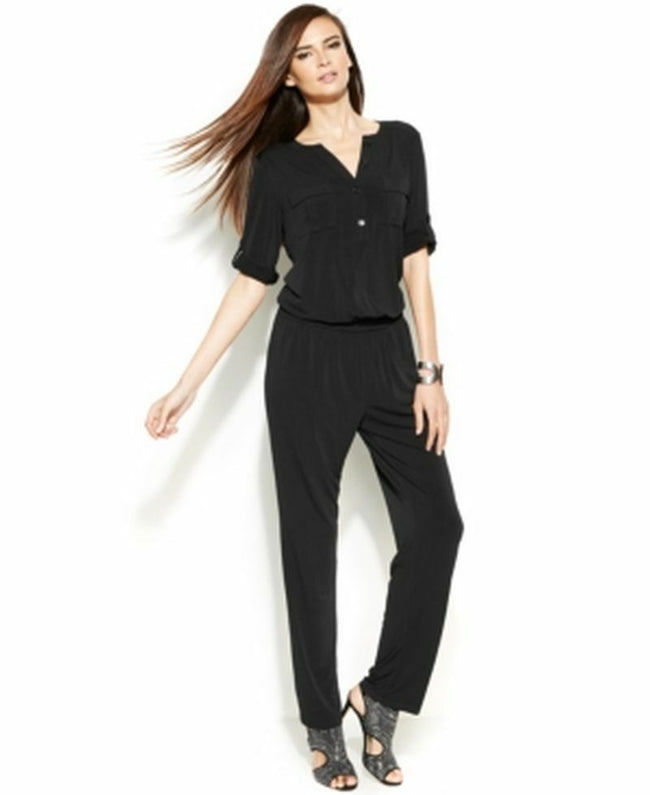 Inc International Concepts Black Stretchy Jumpsuit with I Roll Tabbed Sleeves Si