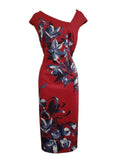Marks & Spencer Bold Print Bodycon Red Scuba Dress Asymmetrical Neckline