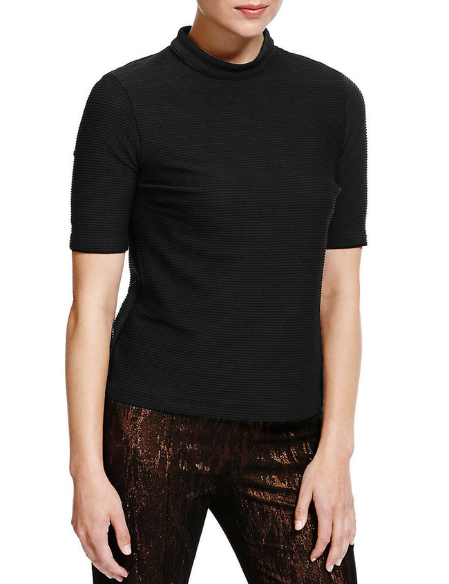 Marks & Spencer Black Ribbed Turtle Neck Top with Short Sleeves Orig Price £25