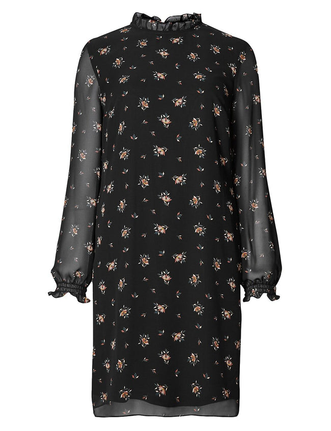 Marks & Spencer Black Chiffon Ditsy Long Sleeved Tunic Dress with Frill Neckline