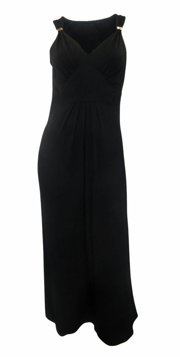 M & Co Black Strappy V Neck Maxi Dress with Brass Detail at Shoulders