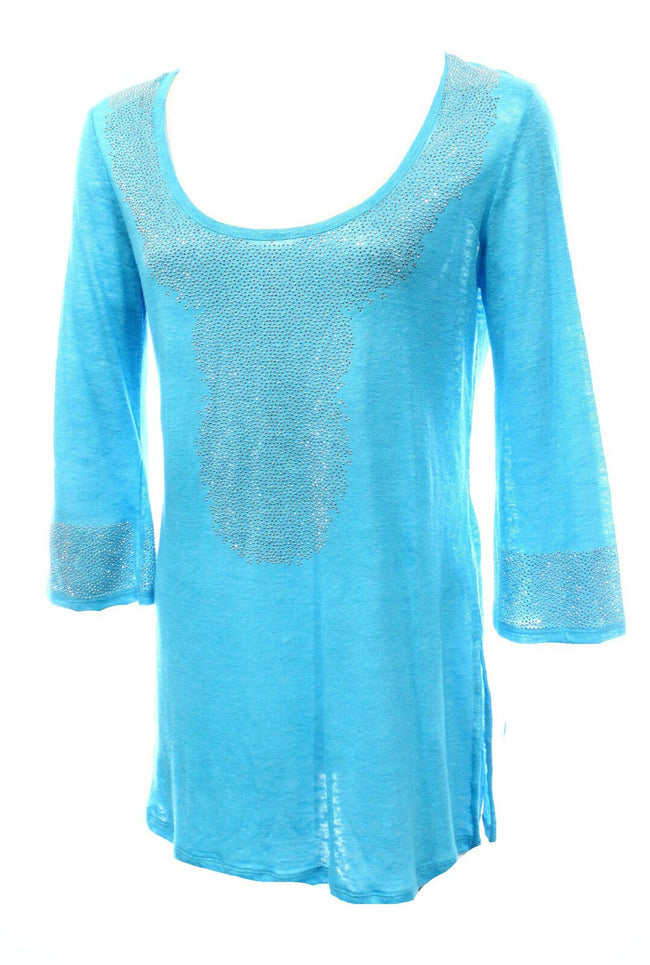 INC International Concepts Silver Rhinestone Studded Turquoise Fine Knit Top Siz
