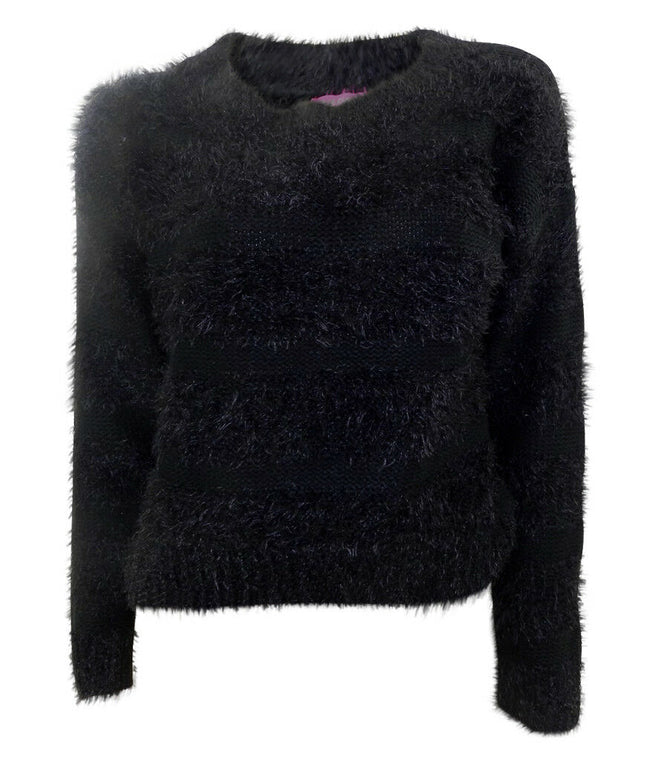 Love Knitwear Soft Boxy Jumper with Shaggy Bands Across the Body Scoop Neckline