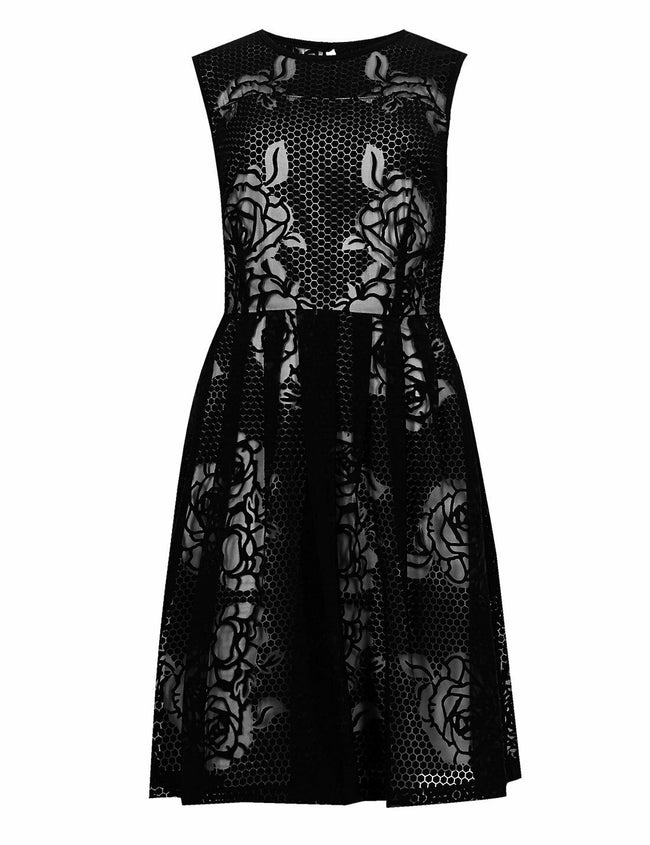 Marks & Spencer Collection Black Burnout Rose Pattern Skater Prom Dress