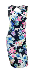 New Look Colourful Flower Print on Black Scuba Fabric Fitted Dress